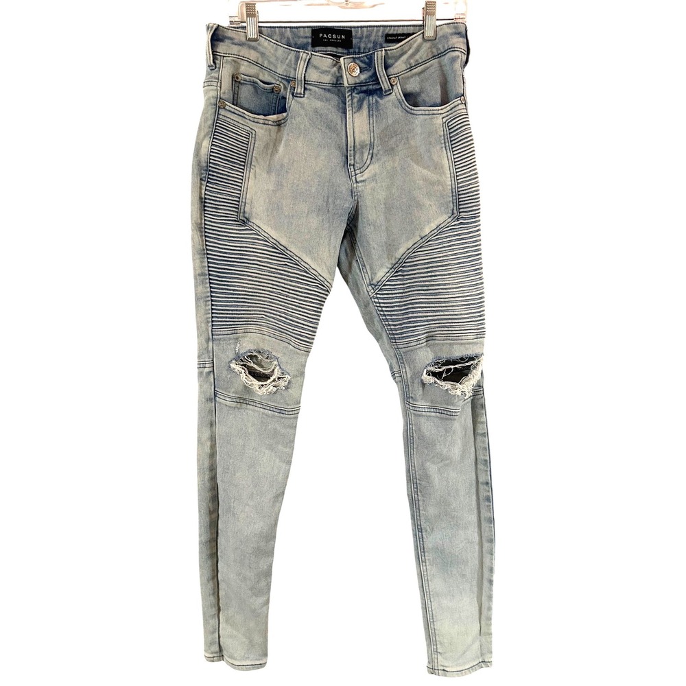 PACSUN Light Biker Stacked Stretch Skinny Jeans Distressed Knees Size 30 X 30